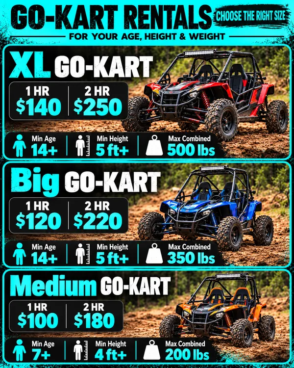 Tabla de tamaños de go karts con precios por 1 y 2 horas, edad, estatura y peso máximo entre los dos: XL $140 y $250, desde los 14 años, 5 pies o más, 500 lb; grande $120 y $220, desde los 14 años, 5 pies o más, 350 lb; mediano $100 y $180, conductores de 7 a 13 años, 4 pies o más, 200 lb
