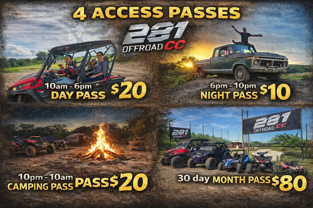All 4 offroad park access pass types — Day $20, Night $10, Overnight $20, Monthly $80 — 281 Country Club San Antonio TX